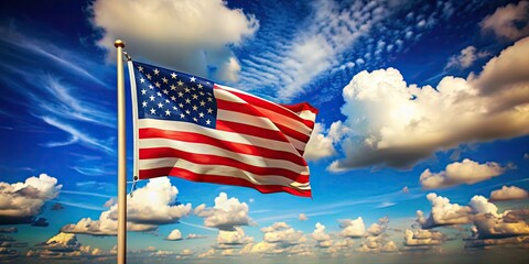 American Flag Panorama: Waving USA Flag, Blue Sky, Tilt-Shift, Patriotic Wallpaper