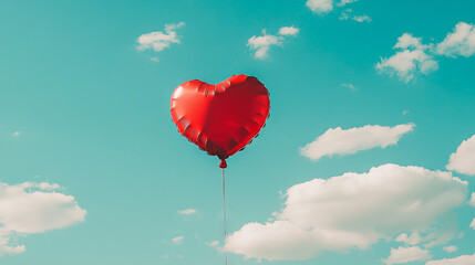 Fototapeta premium Heart-Shaped Balloon Floating in Bright Blue Sky with White Clouds. Concept of Love, Freedom, Romance, and Cheerful Atmosphere. Valentine's Day