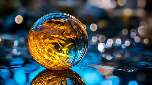Vibrant transparent yellow and blue glass sphere glowing in an abstract reflective environment