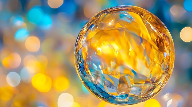 Vibrant transparent yellow and blue glass sphere glowing in an abstract reflective environment