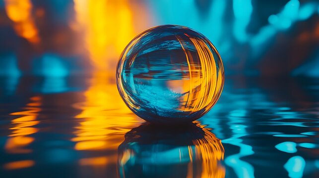Vibrant transparent yellow and blue glass sphere glowing in an abstract reflective environment