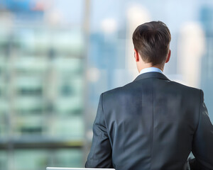 Rear View of Man in Business Suit Against City Background