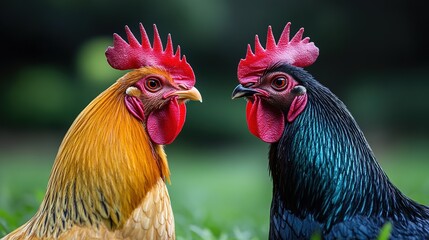 Fototapeta premium Two chickens facing each other, one gold, one black.