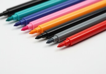 Fototapeta premium Vibrant assortment of colorful markers lined up on white background