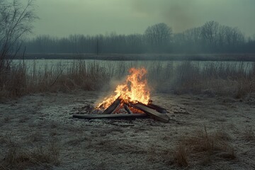 A fire is burning in a pile of wood in a field