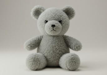 Adorable gray plush teddy bear on soft neutral background