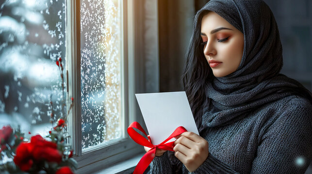 Middle Eastern Woman with Hijab Holding Gift Near Window in Winter Scene: Holiday Spirit, Thoughtful Gesture, Cultural Appreciation, Warm Atmosphere. Valentine's Day. Mockup. Copy space - Powered by Adobe
