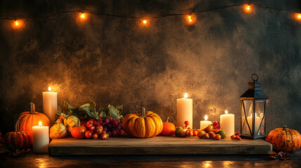 wooden board with candles pumpkin