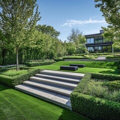 Modern landscaped garden with stone steps, lawn, and hedges.