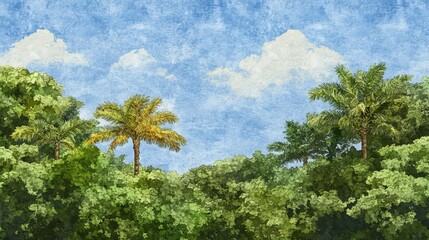 Fototapeta premium A painting of a forest with two palm trees and a blue sky
