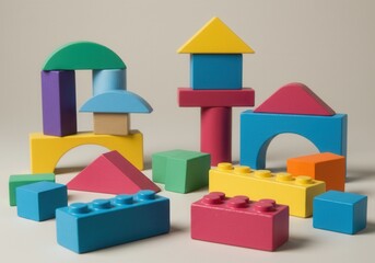 Fototapeta premium Colorful wooden building blocks arrangement for creative play and learning