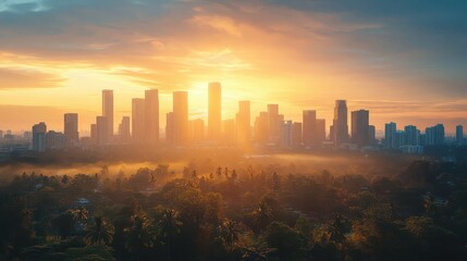 Fototapeta premium golden hour skyline soft golden hues of sunset casting over modern city skyline clear area at the top for text placement selective focus serene theme realistic silhouette urban bac