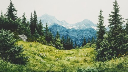 Obraz premium A painting of a forest with a mountain in the background