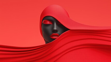 Stylized portrait of a woman in red fabric with bold makeup on a red background