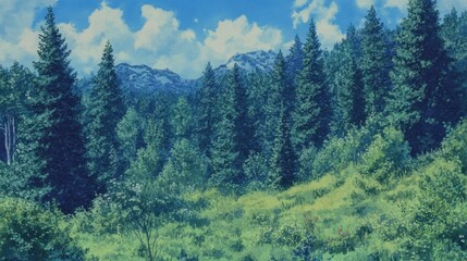 Obraz premium A painting of a forest with trees and a grassy field