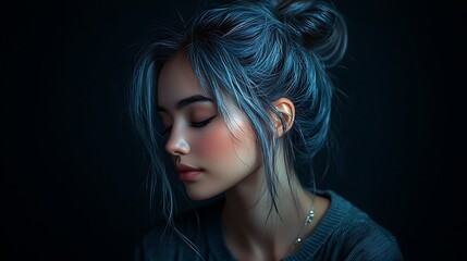 Serene woman, blue hair, dark background, portrait, beauty