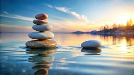 Serene natural scene of Zen balancing rocks on a bed of pebbles covered with calm water