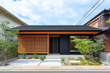 Modern Japanese House with Vibrant Orange Accents and Lush Green Landscape, Showcasing Minimalist Design and Tranquil Outdoor Space