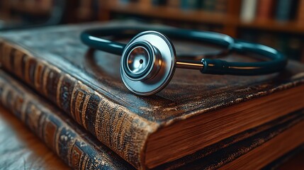 Stethoscope on antique medical texts in library; history of medicine