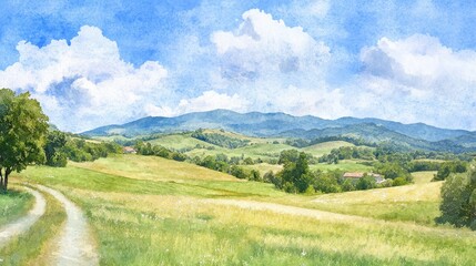 Fototapeta premium A road runs through a grassy field with a mountain in the background