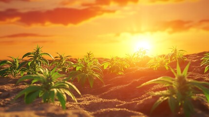 Generative AI artwork showing fresh cannabis plants growing in a sunny field with a stunning sunset backdrop