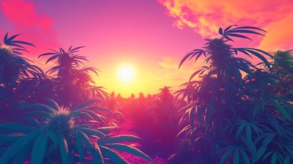 Generative AI artwork showing fresh cannabis plants growing in a sunny field with a stunning sunset backdrop