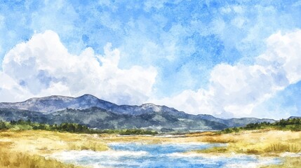 Obraz premium A painting of a mountain range with a lake in the foreground