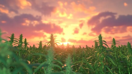 Generative AI scene of fresh cannabis plants in a vibrant green field under a sunset sky filled with warm colors