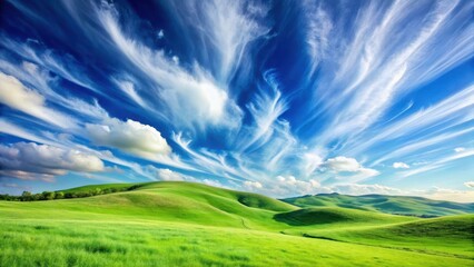 Obraz premium A serene landscape featuring a vibrant blue sky with fluffy white clouds and a few wispy cirrus formations against a bright green hillside, blue sky, nature