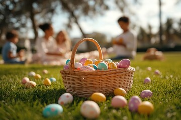 Colorful easter egg hunt with children and families in sunny park