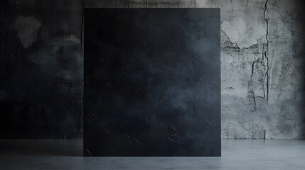 features a studio background with a black cement wall, creating a blank and empty room with an empty banner for potential customization