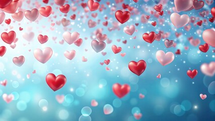 Red hearts falling gently on a transparent blue background with soft pink and white hues of love and affection