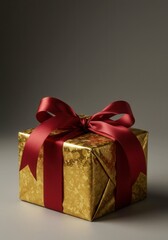 Fototapeta premium Luxurious gold gift box with elegant red ribbon perfect for celebrations
