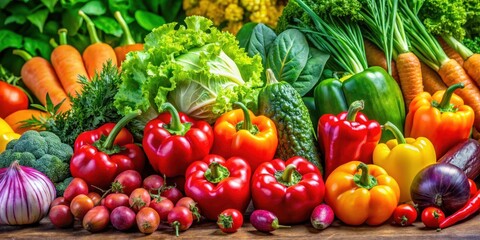 Veggies in vibrant colors against a colorful background, with leafy greens and bright veggies like cherry tomatoes, bell peppers, and carrots on display , colorful food, healthy eating