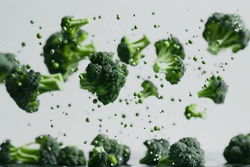 Falling pieces of fresh green broccoli isolated on white background. Healthy food concept