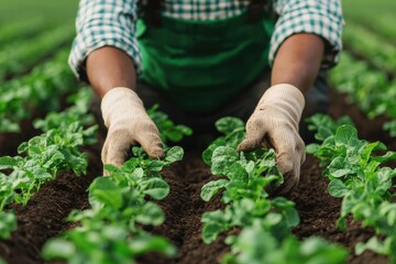 Fototapeta premium Biodiversity conservation concept. Gardener tending to green plants in rich soil, showcasing sustainable agriculture practices.