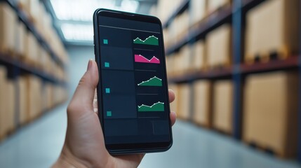 A person holds a smartphone displaying stock market graphs in a warehouse, suggesting a blend of technology and logistics.