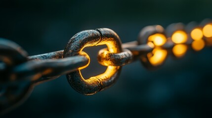 Close-up of a metallic chain with glowing links, suggesting connection and strength.
