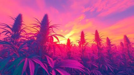Generative AI depiction of fresh cannabis plants growing under a vivid sunset sky in a field