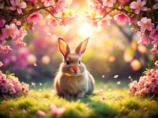 Adorable Easter Bunny in Glowing Pink Bloom Garden - Spring Holiday Stock Photo