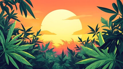Generative illustration of cannabis plants with green leaves surrounded by a lush field at sunset