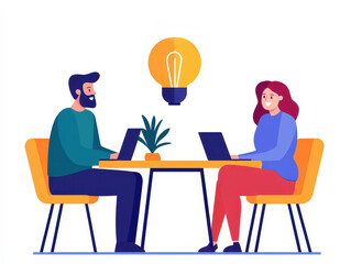 Fototapeta premium A colorful illustration of two people working on laptops at a table, with a light bulb above, symbolizing creativity and collaboration.