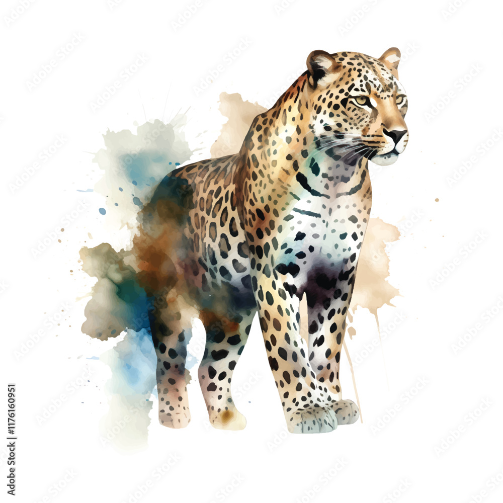 Poster Majestic leopard in watercolor style walking proudly vector illustration