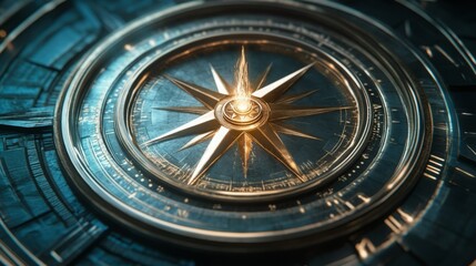 Obraz premium Intricate compass design with glowing center. Metallic teal and gold accents.