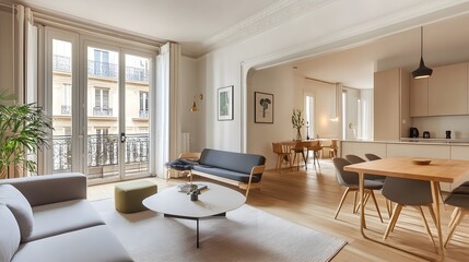 features a stylish apartment with a modern, open floor plan, decorated with neutral tones and geometric furniture, creating a sleek, minimalist look