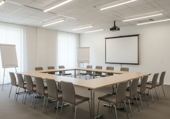 Empty conference room with u-shaped table and projector setup for meetings
