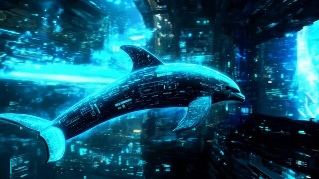 Digital neon dolphin in trendy stylish colors. Futuristic technology.