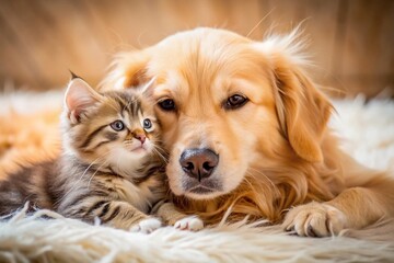 Adorable Kitten and Golden Retriever Puppy Close-Up Macro Photography