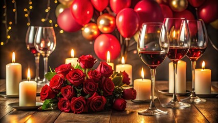 A table filled with wine glasses and red roses, surrounded by candles and balloons in a dimly lit room, celebration