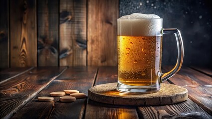 A foamy mug of beer sitting on a wooden table with a hint of condensation on the glass, surrounded by scattered coasters and a few drops of water on the surface , interior, condensation